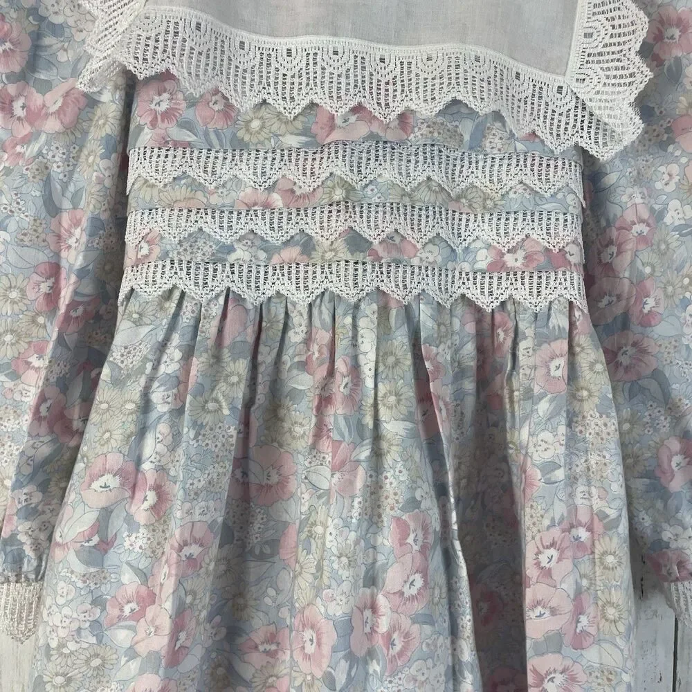Vtg Polly Flinders Bib Collar w/ Lace Girls Sz 6 Pastel Floral Dress Cottagecore